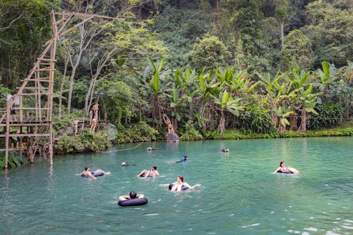 What to do in central Laos with family? Visit Blue Lagoon with kids