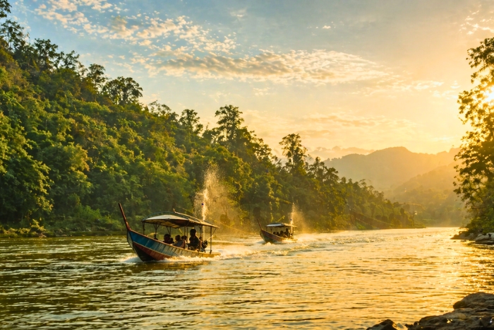 Canoe ride on the Mekong in the 4000 islands in Laos with peaceful landscapes