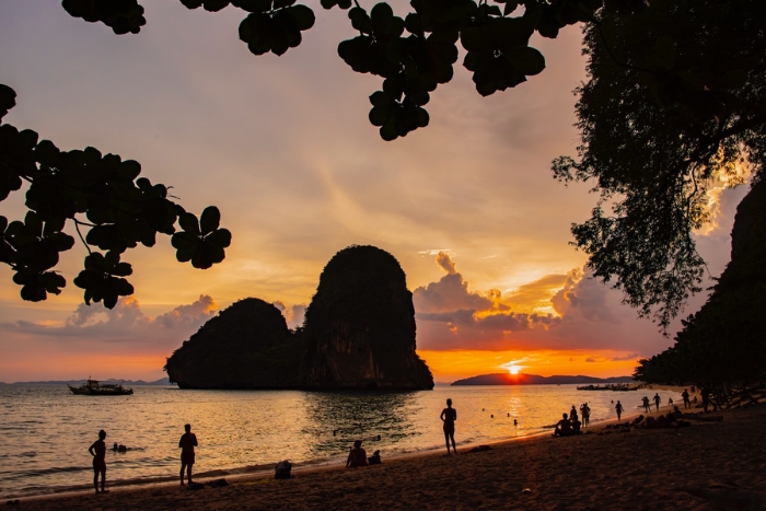 Sunset colors over Phra Nang Beach during South Thailand in winter