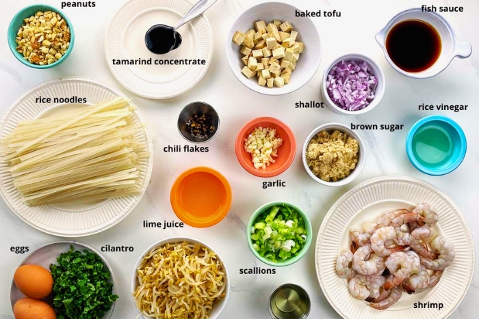 Fresh ingredients used to prepare pad Thai