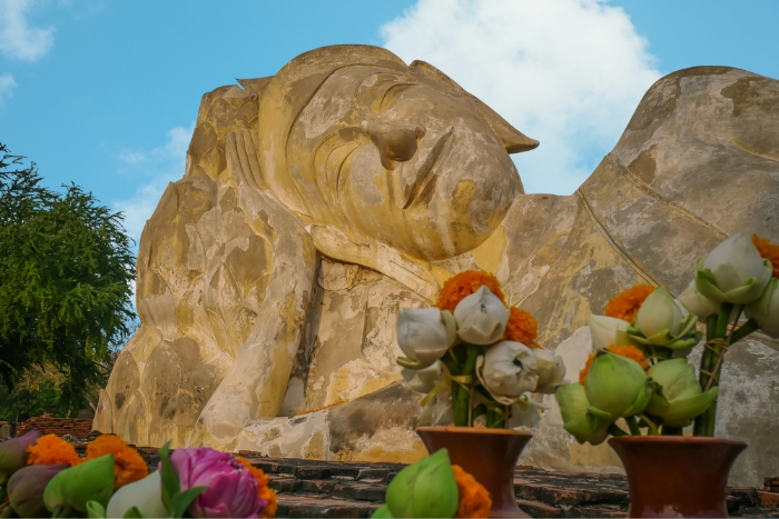 Buddha’s head resting on a lotus-carved pedestal