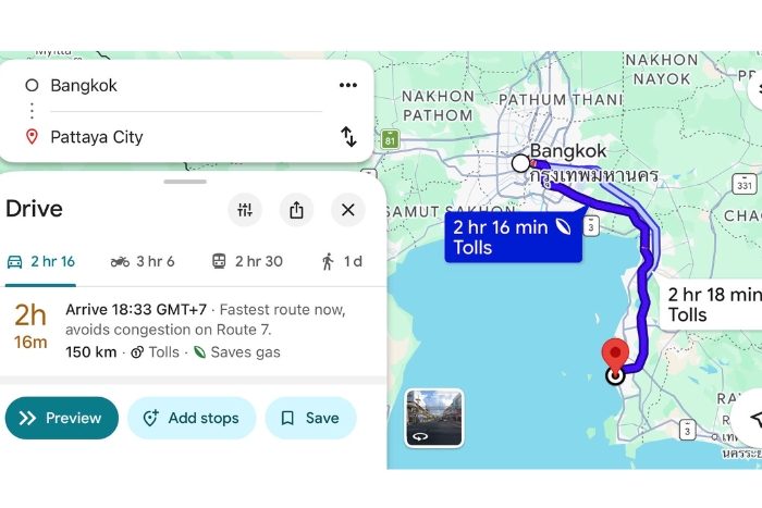 The journey from Bangkok to Pattaya takes approximately 2 to 3 hours by road
