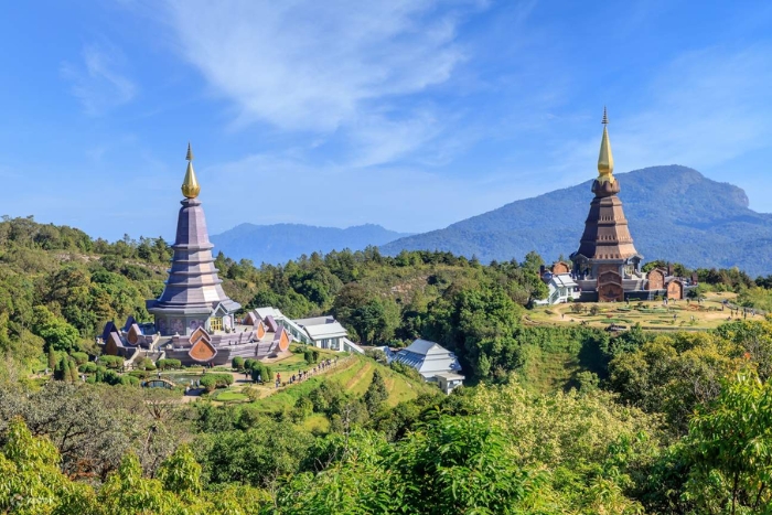 The Royal Twin Pagodas at the summit of Doi Inthanon, surrounded by flowering gardens