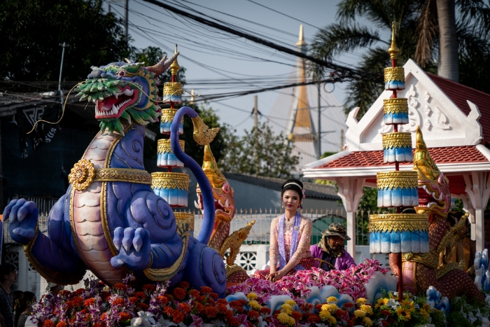 Traditional Songkran and its parade in Phra Pradaeng, Thailand