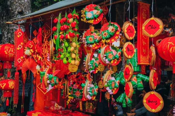 Seasonal decorations create festive streets before Lunar New Year