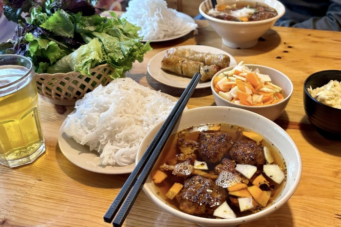 Bún chả on a street corner in Hanoi, Vietnam