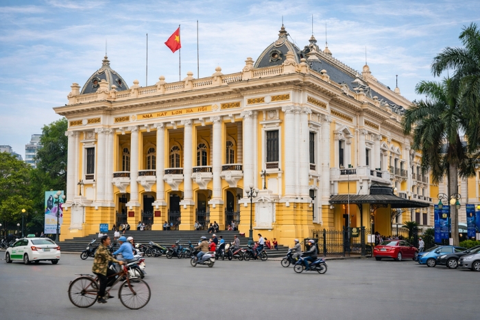 Admiring French colonial architecture at the Hanoi Opera House