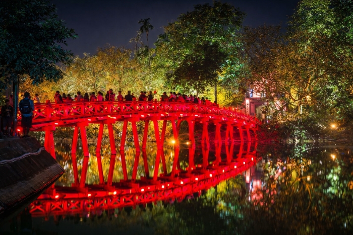 Lively atmosphere around Ngoc Son Temple on the weekend