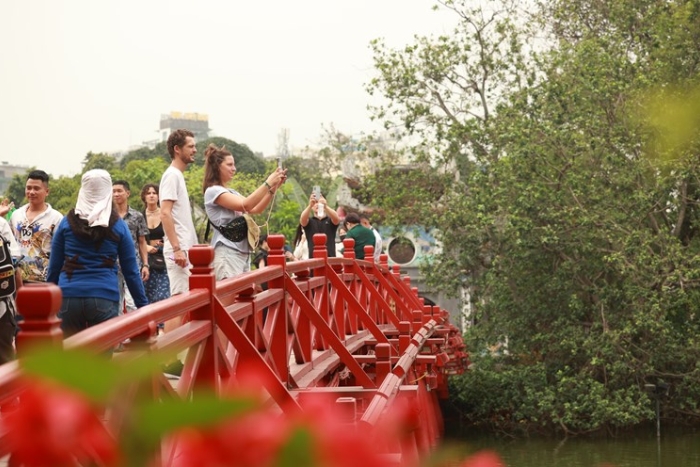 The red The Huc Bridge