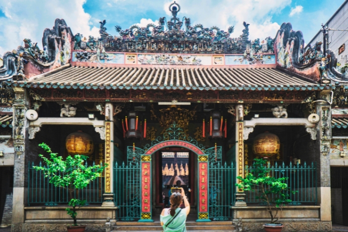 Ornate dragons crown Thien Hau Pagoda roof