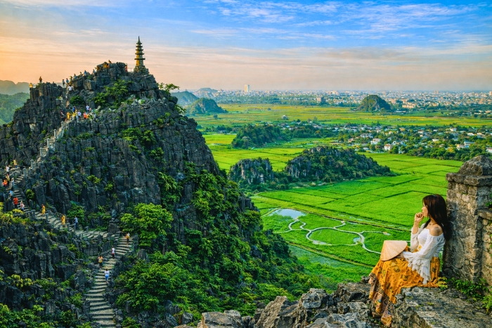 Impressive panorama from Mount Mua over the valley of Tam Coc