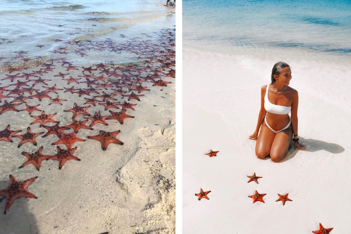 Sao Beach is dotted with many red starfish along its fine, pristine sand