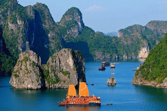 Limestone karst islands rising from Ha Long Bay